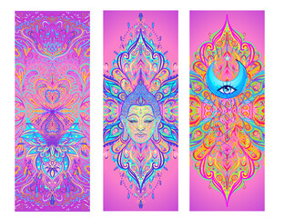 Yoga card, flyer, poster, mat design. Colorful template for spiritual retreat or yoga studio. Ornamental business cards, oriental pattern. Vector illustration