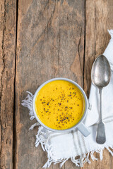 top view vegetable soup in a bowl on table