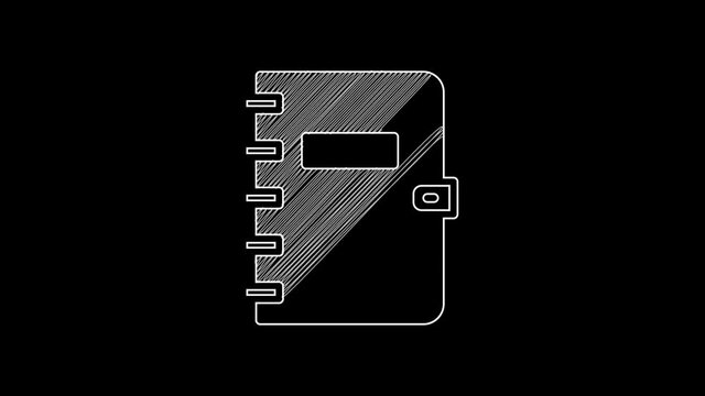 White line Notebook icon isolated on black background. Spiral notepad icon. School notebook. Writing pad. Diary for school. 4K Video motion graphic animation