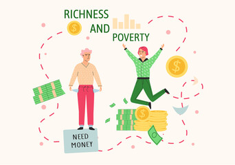 Richness and poverty concept. Happy jumping rich man rejoices in prosperity and sad poor guy with empty pockets need money. Economic and social condition of people. Financial superiority, wealth