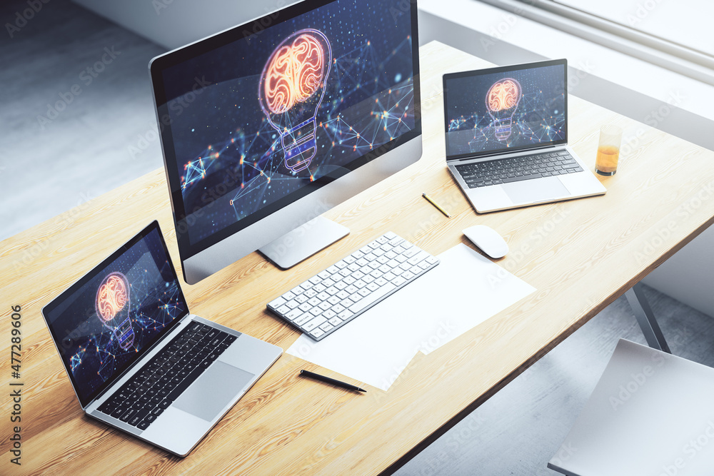 Poster Creative light bulb illustration with human brain on modern computer monitor, future technology concept. 3D Rendering