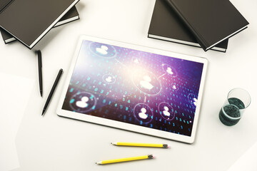 Modern digital tablet display with social network media concept. Top view. 3D Rendering