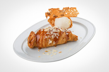 Apple strudel with an ice cream scoop. On a white background.