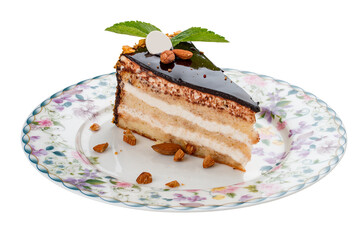 Cake with caramel nuts and chocolate frosting.