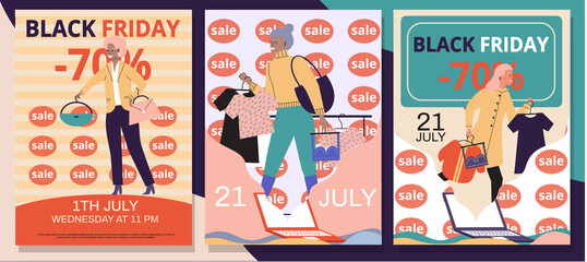 Women in clothing store on black friday. Seasonal discount offers clothes on sale. Closeout in boutique. Happy shopaholic makes purchase. Satisfied female customer with shopping bags in fashion market