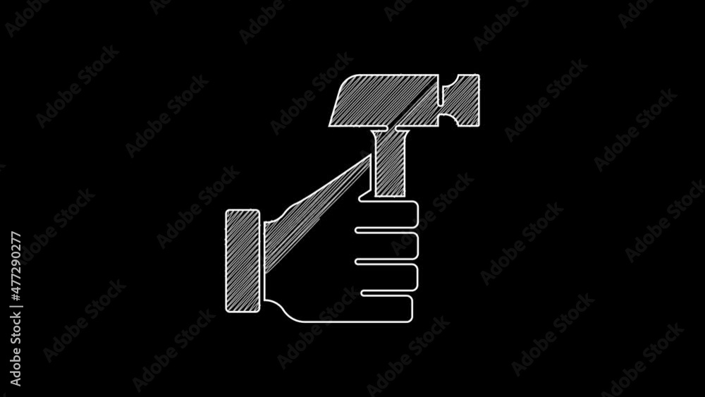 Sticker White line Hammer icon isolated on black background. Tool for repair. 4K Video motion graphic animation