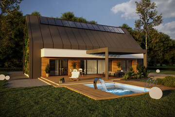 House with pool and solar panels