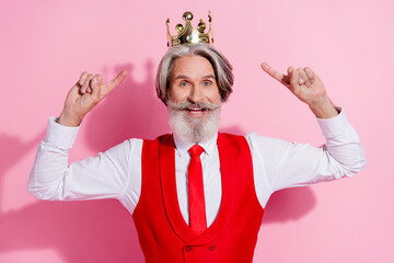 Portrait of attractive cheery lucky grey-haired man wearing demonstrating crown self concept ego...