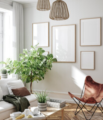 Fototapeta Frame mockup in Nordic living room interior background, 3d render obraz