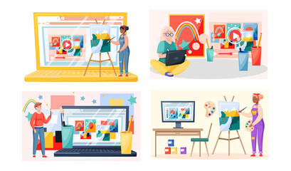 Online painting workshop concept. Artist creativity process with paint and brushes distance studying. Drawing lessons on learning platform for painters and designers, educational course video tutorial