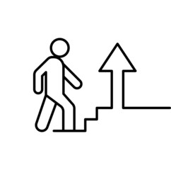 Career growth concept thin line icon in black. A man climbs the steps. Training and success. Flat isolated symbol, for: illustration, logo, mobile, app, design, web, site, ui, ux, gui. Vector EPS 10