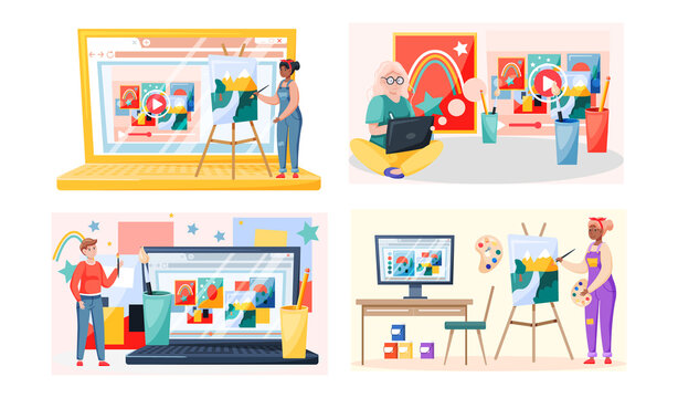 Online painting workshop concept. Artist creativity process with paint and brushes distance studying. Drawing lessons on learning platform for painters and designers, educational course video tutorial