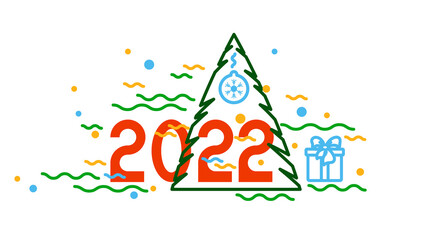 Christmas poster with numbers of the year 2022. Christmas tree, gifts and balls in flat style. Vector illustration