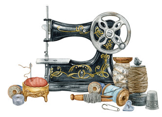 Watercolor vintage sewing composition, sewing machine,needle spool,measuring type, fabric, button.Sewing studio logo, retro fashion, Dressmaking collection, Tailors Logo creator