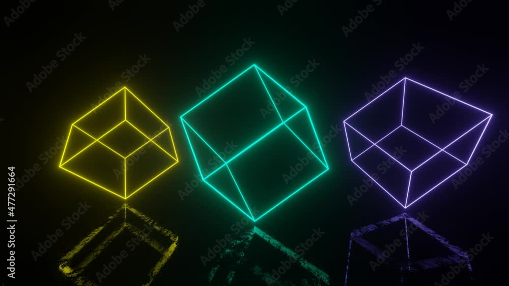 Aufkleber neon glowing boxes in dark space with reflections on the floor. seamless loop simple animation with 