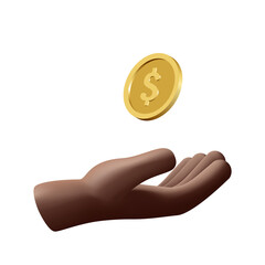 The black man's hand flips a coin. Color vector illustration, 3D realistic style. White isolated background.