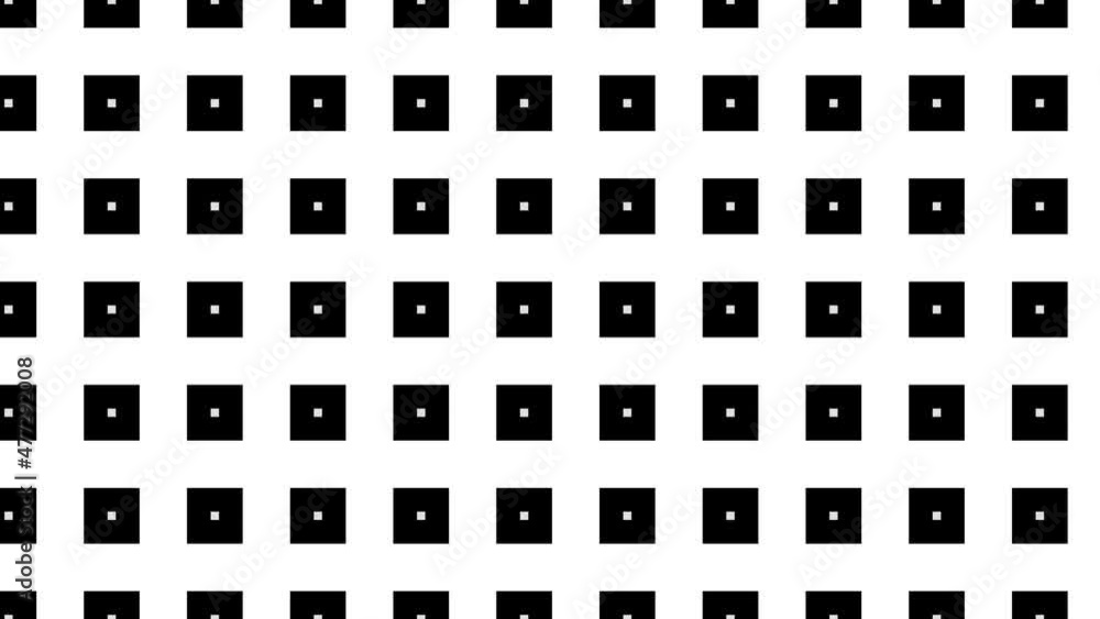 Poster Geometric pattern with black, white and red square tiles filled with round shapes. Abstract seamless loop animated background