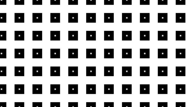 Geometric pattern with black, white and red square tiles filled with round shapes. Abstract seamless loop animated background