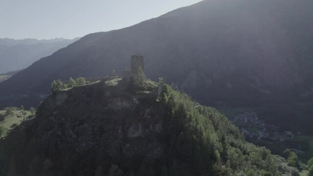 video orbits with drone over cly castle in aosta valley italy