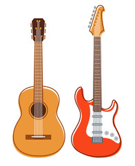 Obraz na płótnie Canvas Electric and acoustic guitar vector flat illustrations set isolated over white, instruments shop.