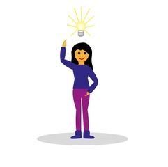 The concept of a new business idea. A young positive woman, a cartoon character, stands with her hand raised up and points to a glowing light bulb, isolated on a white background