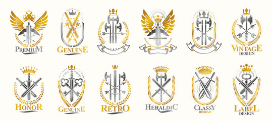 Weapon logos big vector set, vintage heraldic military emblems collection, classic style heraldry design elements, ancient knives spears and axes symbols.