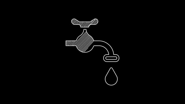 White line Water tap with a falling water drop icon isolated on black background. 4K Video motion graphic animation