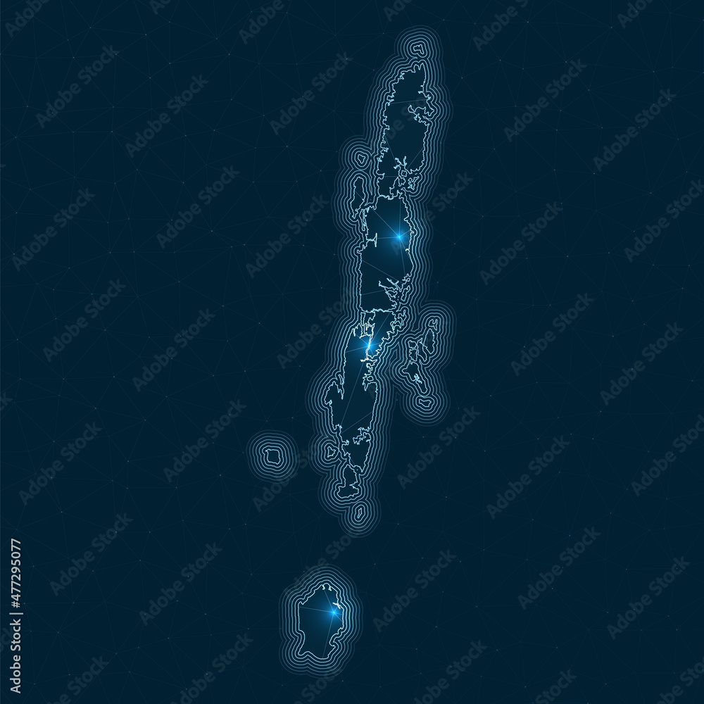 Poster andaman islands network map. abstract geometric map of the island. digital connections and telecommu