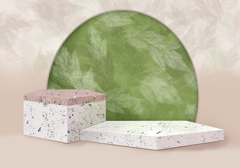 White marble group natural stand with autumn leave falling on beige gradient and circle green background. Cosmetic display product exhibition podium. 3d rendering