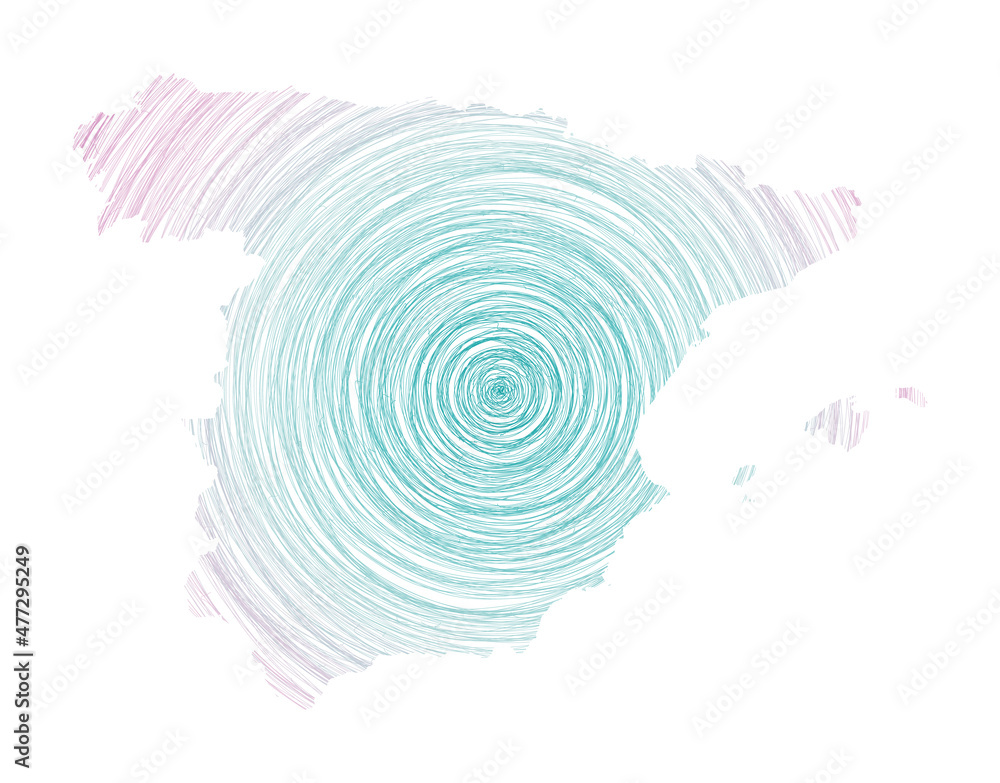 Poster spain map filled with concentric circles. sketch style circles in shape of the country. vector illus