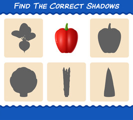 Find the correct shadows of cartoon bell pepper. Searching and Matching game. Educational game for pre shool years kids and toddlers