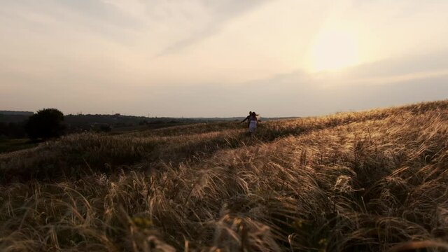 Two people girl and man walking in the field slow motion. Summer season sunset. Golden spikelets of wheat fluttering in the wind. Dark silhouettes of people