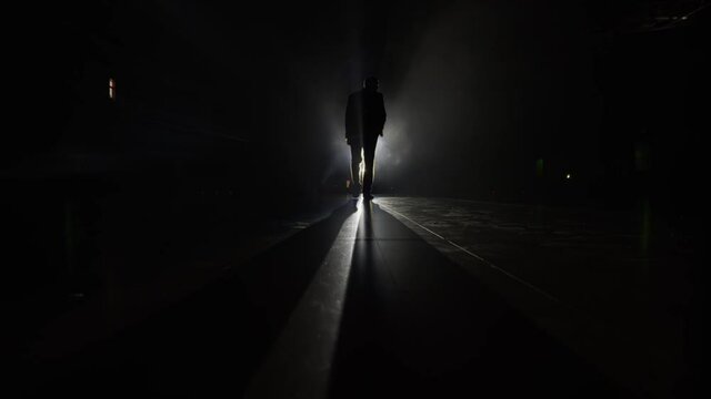 Silhouette of a man in a suit leaves the stage 4K. Mystical atmosphere, smoke, spotlight. Person in the dark