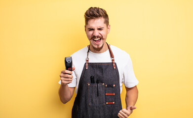 hipster barber man shouting aggressively, looking very angry