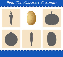 Fototapeta na wymiar Find the correct shadows of cartoon potato. Searching and Matching game. Educational game for pre shool years kids and toddlers