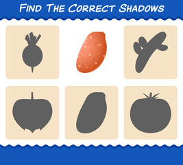 Find the correct shadows of cartoon sweet potato. Searching and Matching game. Educational game for pre shool years kids and toddlers