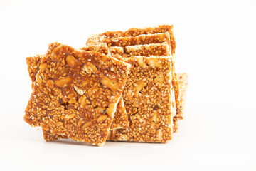 Makar Sankranti Or Lohri Mithai Mungfali Badam Chikki Also Known As Kozinaki, Gud Chikky Patti, Gajak, Gajjak, Gazak, Gachak, Til Patti Or Gur Papadi Is Made Of Sesame Seeds, Nuts And Gur