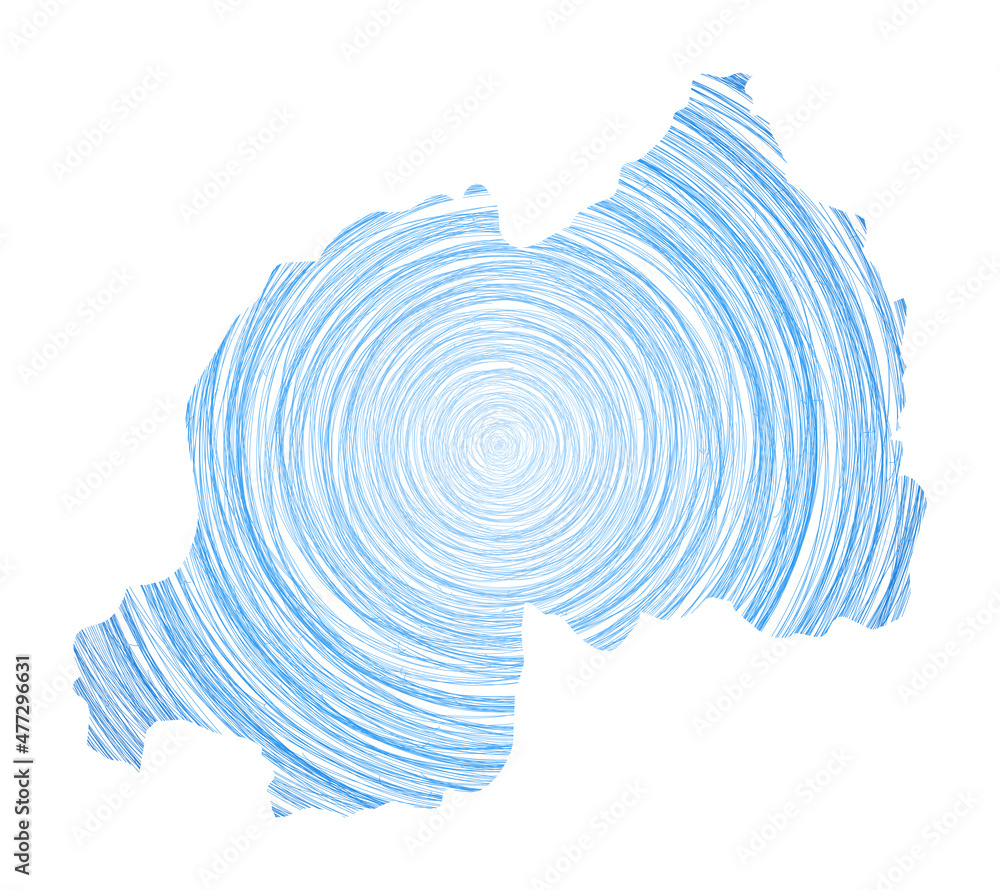 Poster rwanda map filled with concentric circles. sketch style circles in shape of the country. vector illu