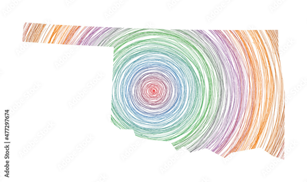 Poster oklahoma map filled with concentric circles. sketch-style circles in the shape of the us state. vect