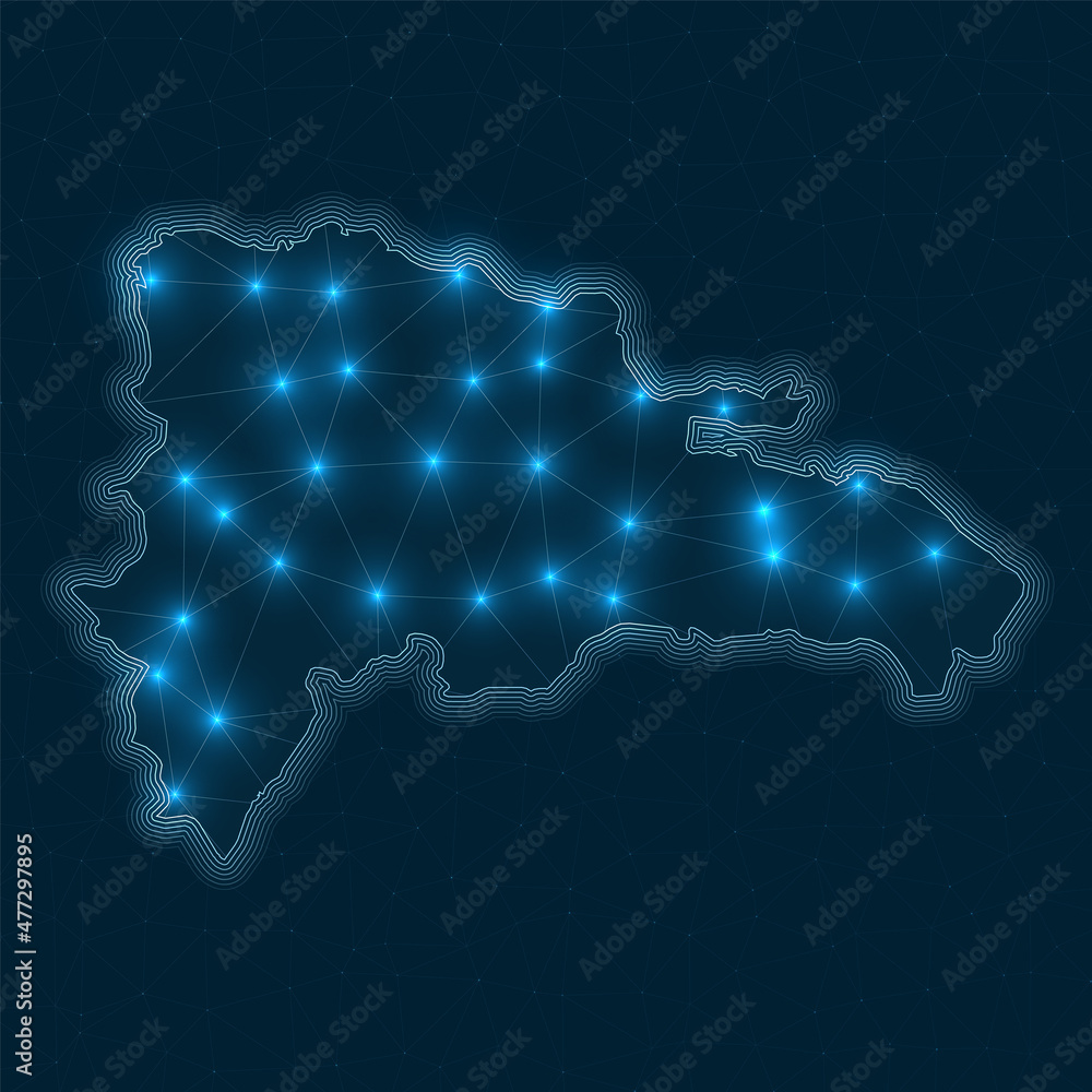 Poster dominican republic network map. abstract geometric map of the country. digital connections and telec