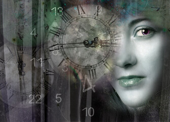 Female face on the background of space and numerology
