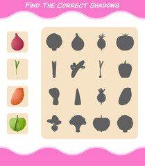 Naklejka na ściany i meble Find the correct shadows of cartoon vegetables. Searching and Matching game. Educational game for pre shool years kids and toddlers