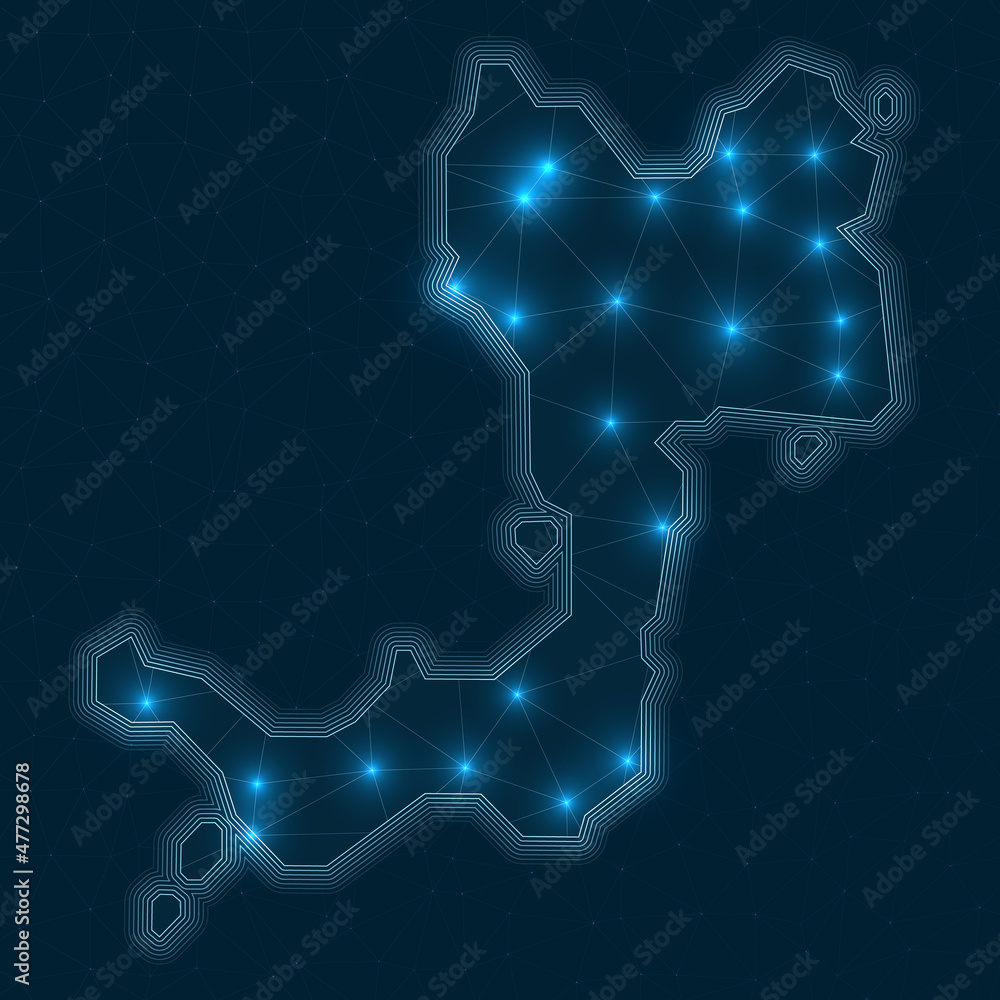 Poster canouan network map. abstract geometric map of the island. digital connections and telecommunication