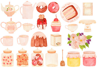 Set Tea cake and sweety watercolor