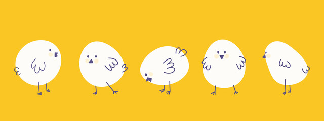 Set of four simple white chicks, chickens on yellow background. Vector minimalist elements for Easter, childrens or animal designs.