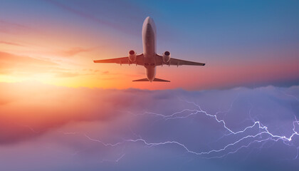Airplane in the sky with thunder and lightning