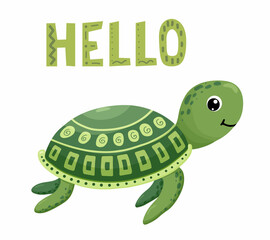 cartoon green turtle with sign Hello. isolated on white background. Vector