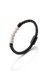 Detailed shot of a black bracelet. The hand accessory has white beads. The bracelet has a braided surface. The accessory is isolated on the white background.
