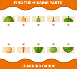 Match cartoon vegetables parts. Matching game. Educational game for pre shool years kids and toddlers