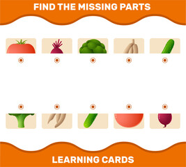 Match cartoon vegetables parts. Matching game. Educational game for pre shool years kids and toddlers